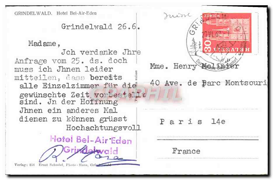 CPAM Grindewald Hotel Bel air Eden  — Rückseite