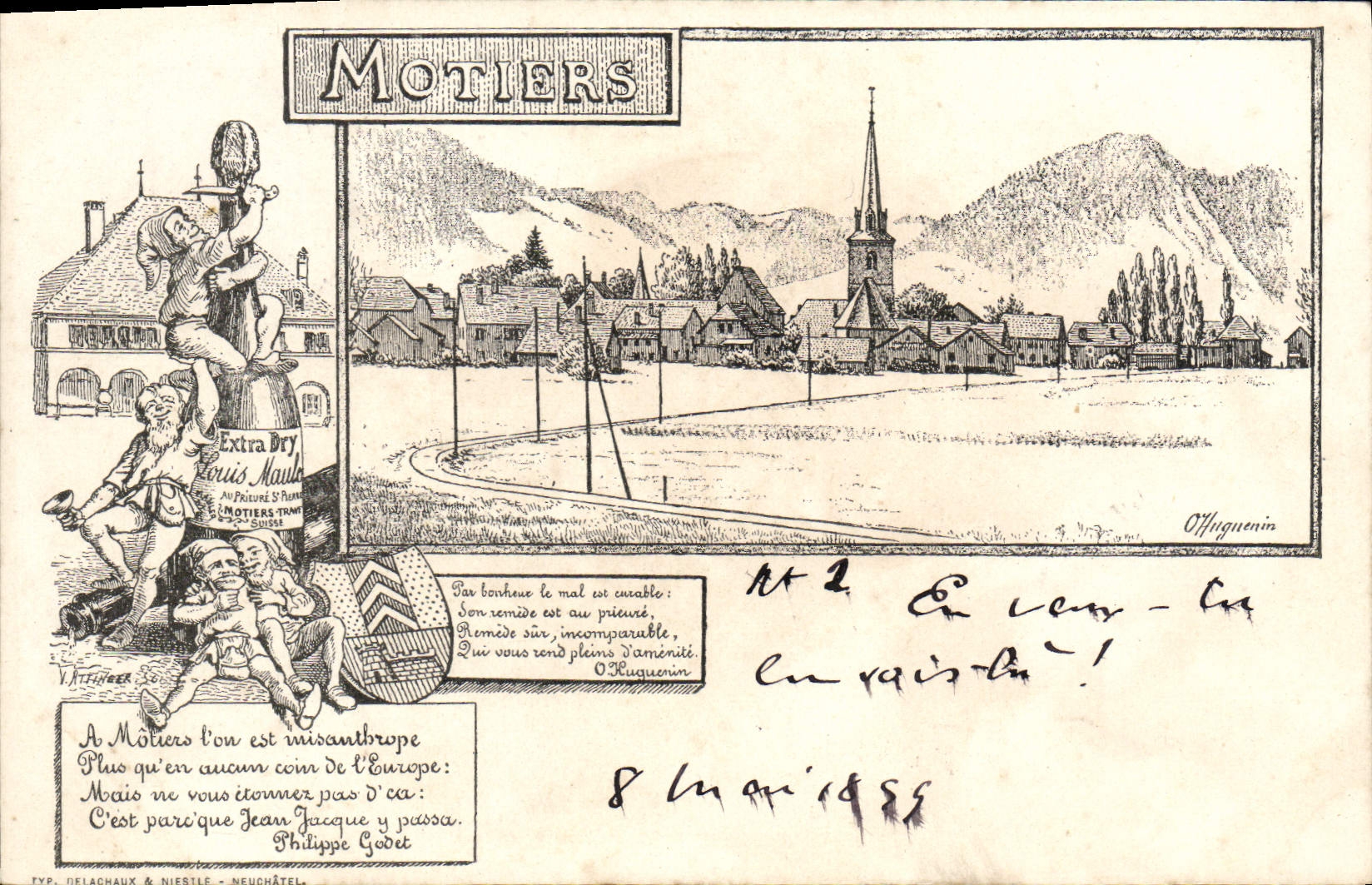 Motiers — vue du village avec éditeur Delachaux & Niestlé et illustration publicitaire — O. Huguenin