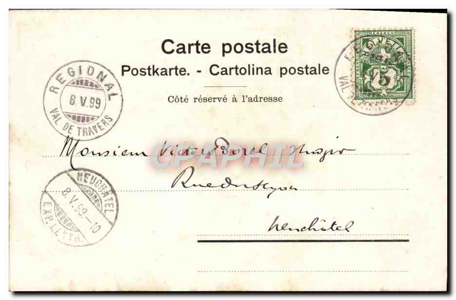 Motiers — vue du village avec éditeur Delachaux & Niestlé et illustration publicitaire — O. Huguenin — Verso