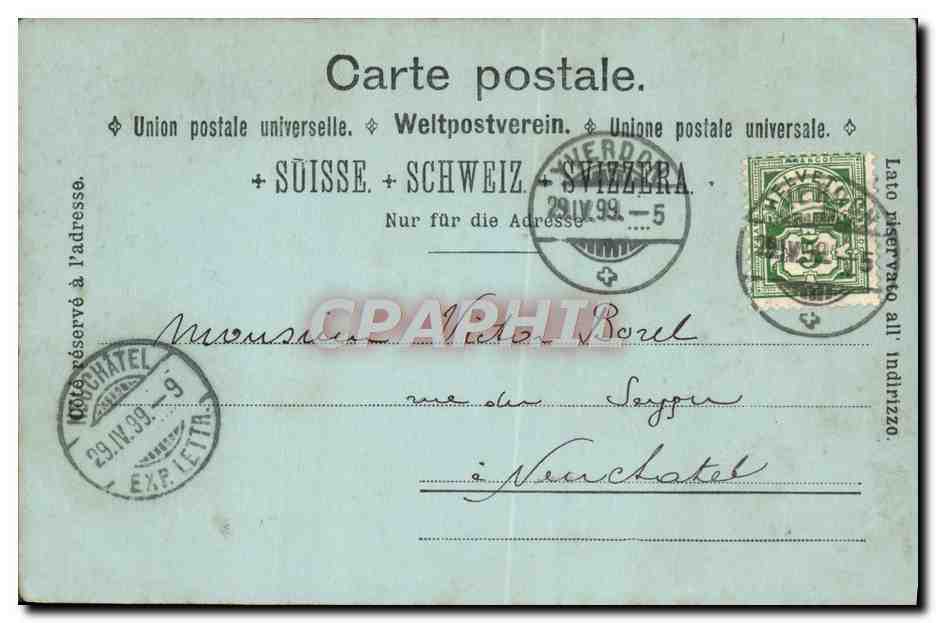 CPA Souvenir d'Yverdon Le college Carte 1899 — Rückseite