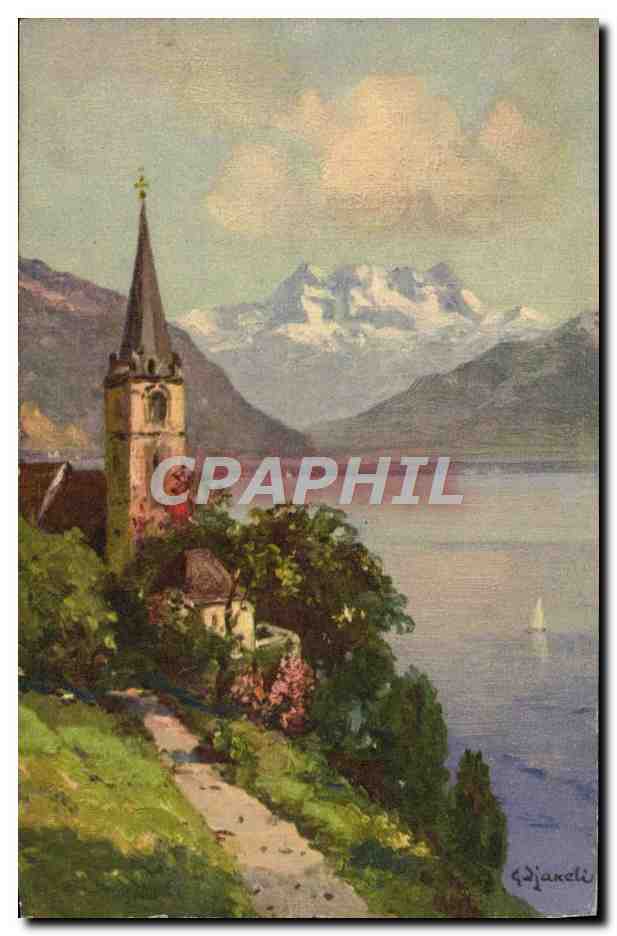 Église de Montreux et les Dents du Midi — peinture de G. Djakali — éditeur non visible