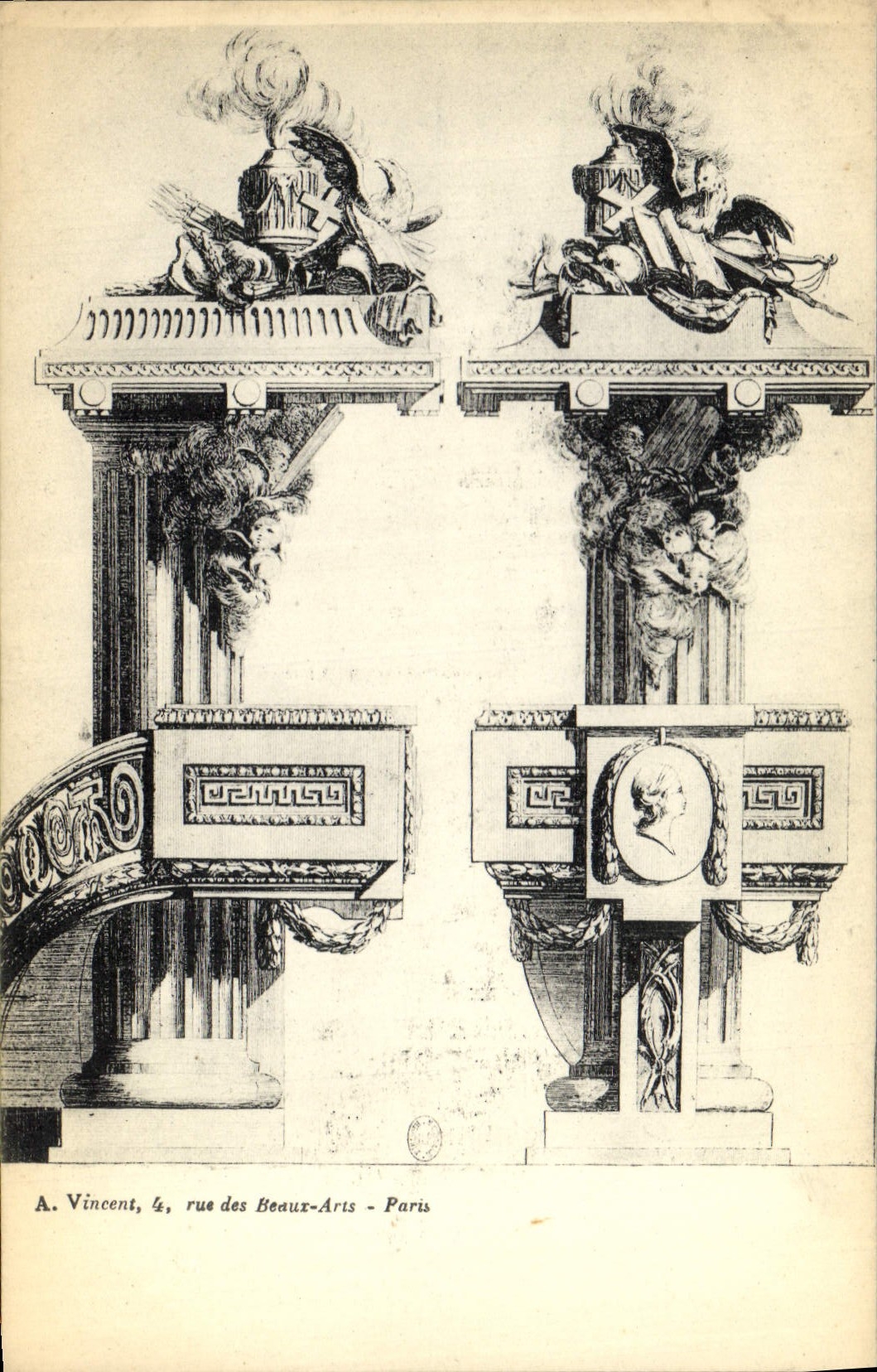Two Columns Decorated with Sculptures — A. Vincent, 4, rue des Beaux-Arts - Paris