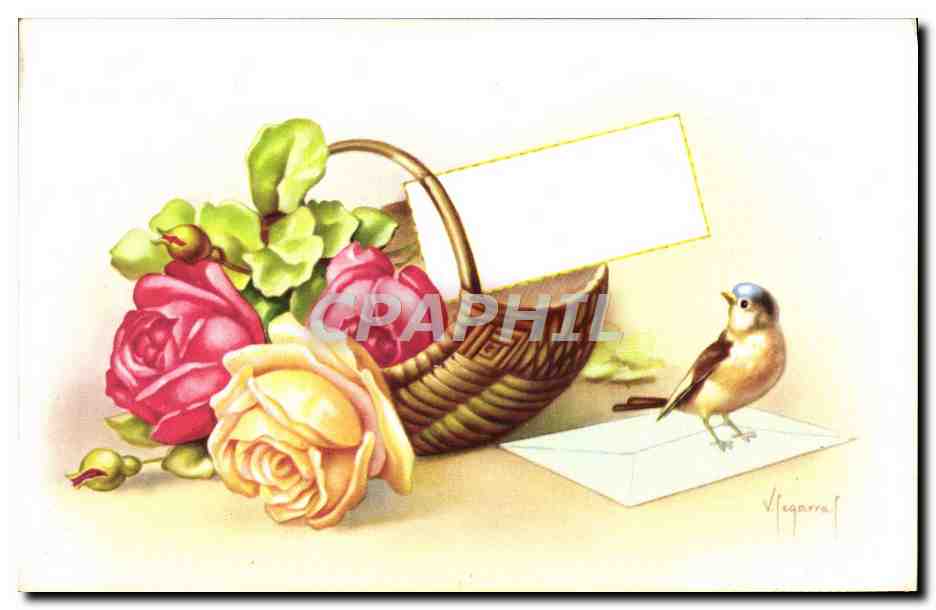 CPA Fantaisie Fleurs Oiseau
