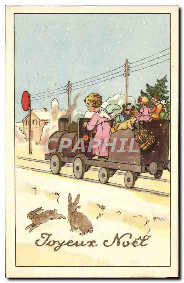 CPA Joyeux Noel Fantaisie Train Lapins Ange