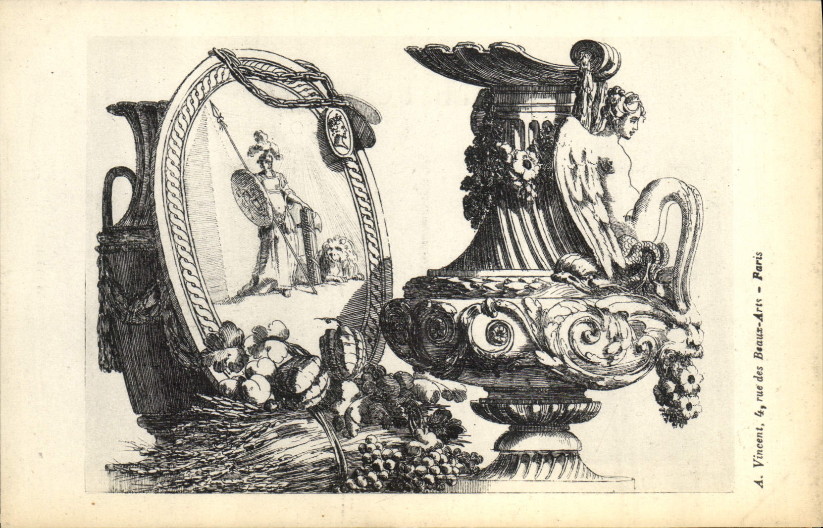 Vases et détails mythologiques — gravure — A. Vincenti, 4, rue des Beau-Arts - Paris
