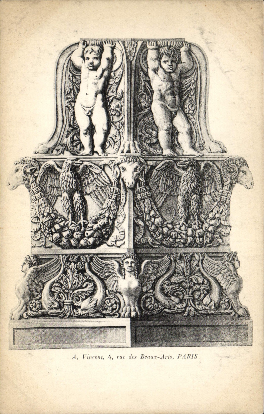 Détail sculptural — A. Vincent, 4, rue des Beaux-Arts, PARIS