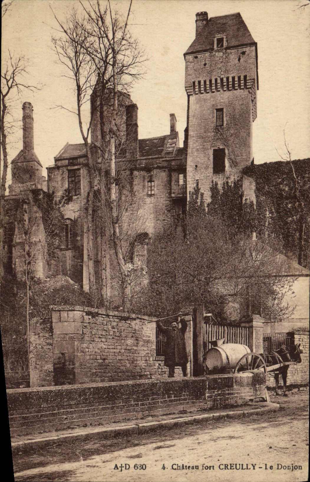 CPA Chateau Fort Creully Le Donjon Attelage Ane 
