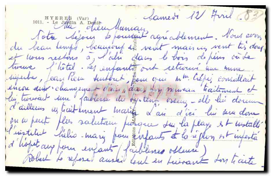 CPA Hyeres Le Jardin A Denis Palmiers  — Rückseite