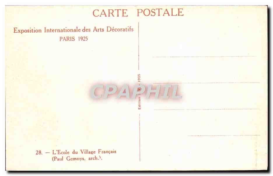 CPA Paris Exposition Des Arts Decoratifs L'Ecole Du Village Francais — Rückseite