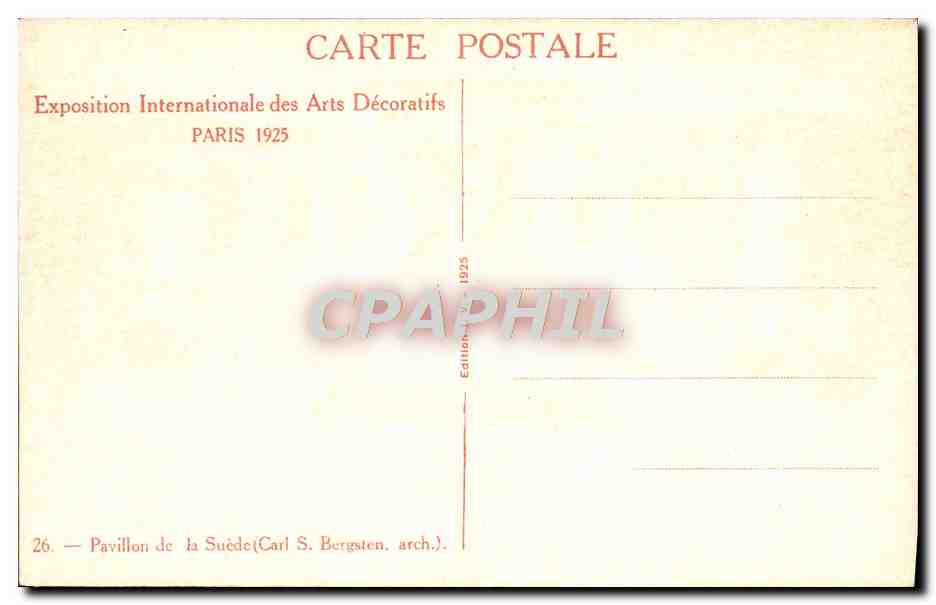 CPA Exposition Internationale Des Arts Decoratifs Paris 1925 Pavillon De La Suede — Verso