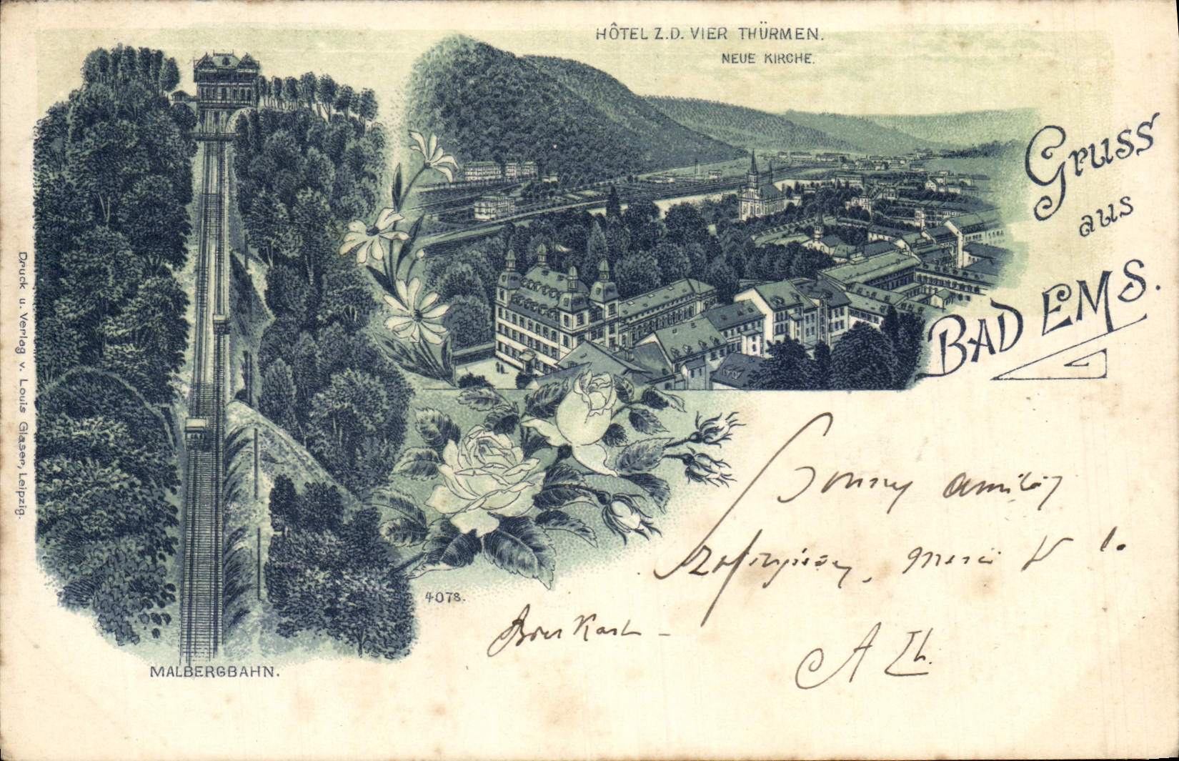 Bad Ems — Hôtel Z.D. Vier Thürmen, Neue Kirche, Malbergbahn — éditeur Louis Glasser, Leipzig, n° 4078