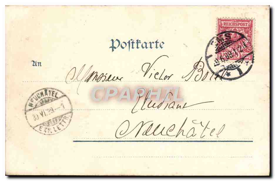 Bad Ems — Hôtel Z.D. Vier Thürmen, Neue Kirche, Malbergbahn — éditeur Louis Glasser, Leipzig, n° 4078 — Achterkant