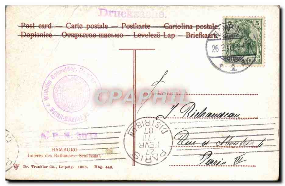 CPA Hamburg Inneres Des Rathauses Senatssaal — Rückseite