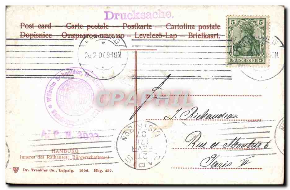 CPA Hamburg Inneres Des Rathauses Buegerschaftssaal — Rückseite
