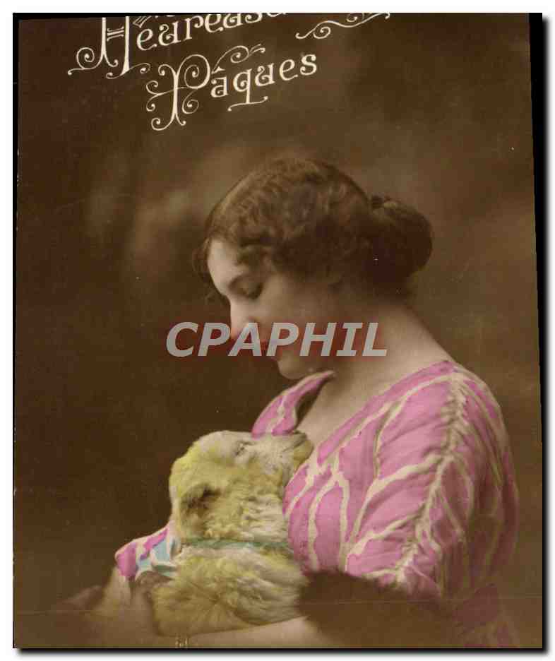 CPA Fantaisie Femme Paques Agneau Mouton