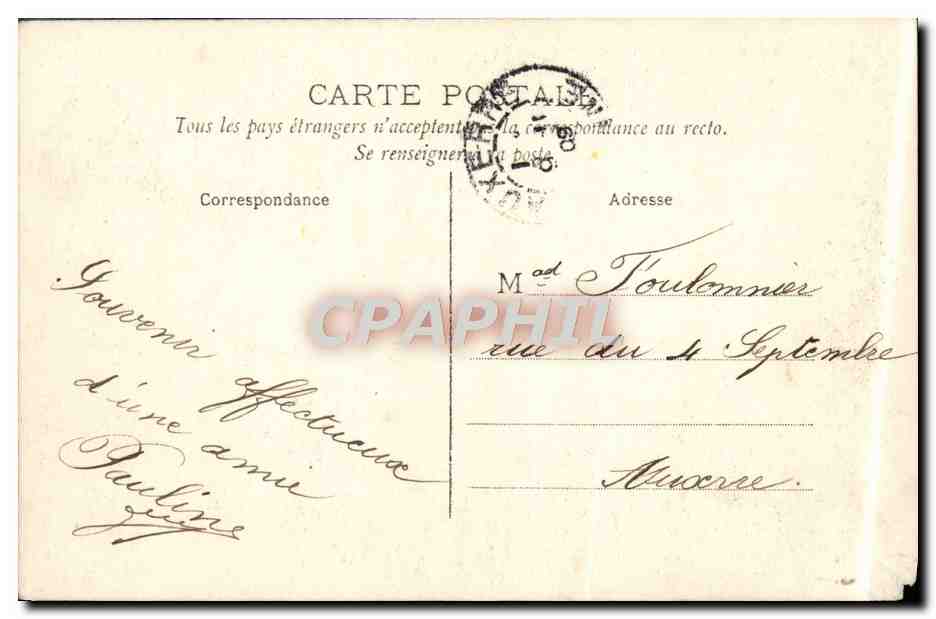 Femme en robe violette offrant des fleurs — De Vincellea, je vous envoie ces fleurs — timbre 5c vert République Française — Rückseite