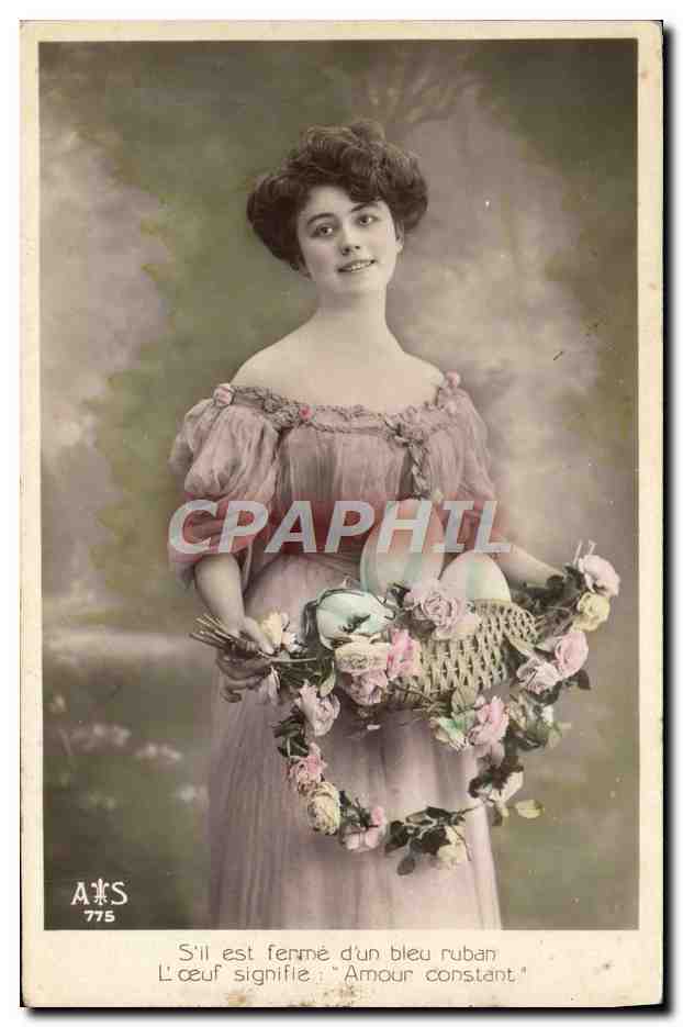 Jeune femme tenant un panier de fleurs — égards amoureux — éditeur A&S n°775
