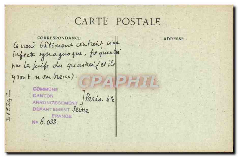 CPA Paris D'Autrefois Rue De l'Hotel De Ville Ancienne Rue De La Mortellerie Vue Perspective Cote De La Rue Du Figuier — Rückseite