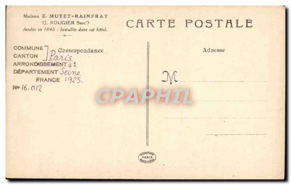 CPA Paris Rue Pavee Portail De l'Hotel Lamoighon — Verso