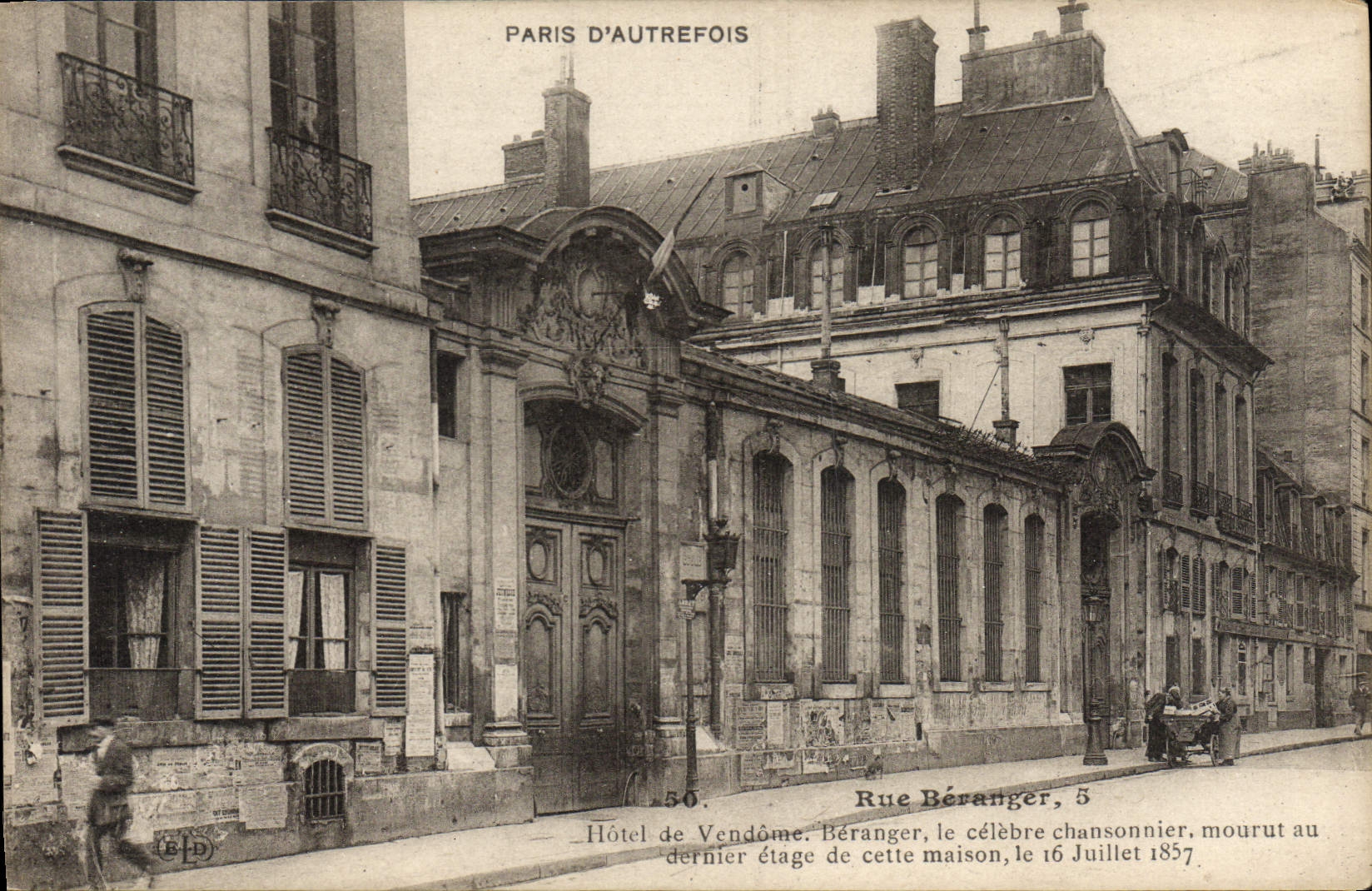 CPA Paris D'Autrefois Rue Beranger Hotel de Vendome Beranger chansonnier