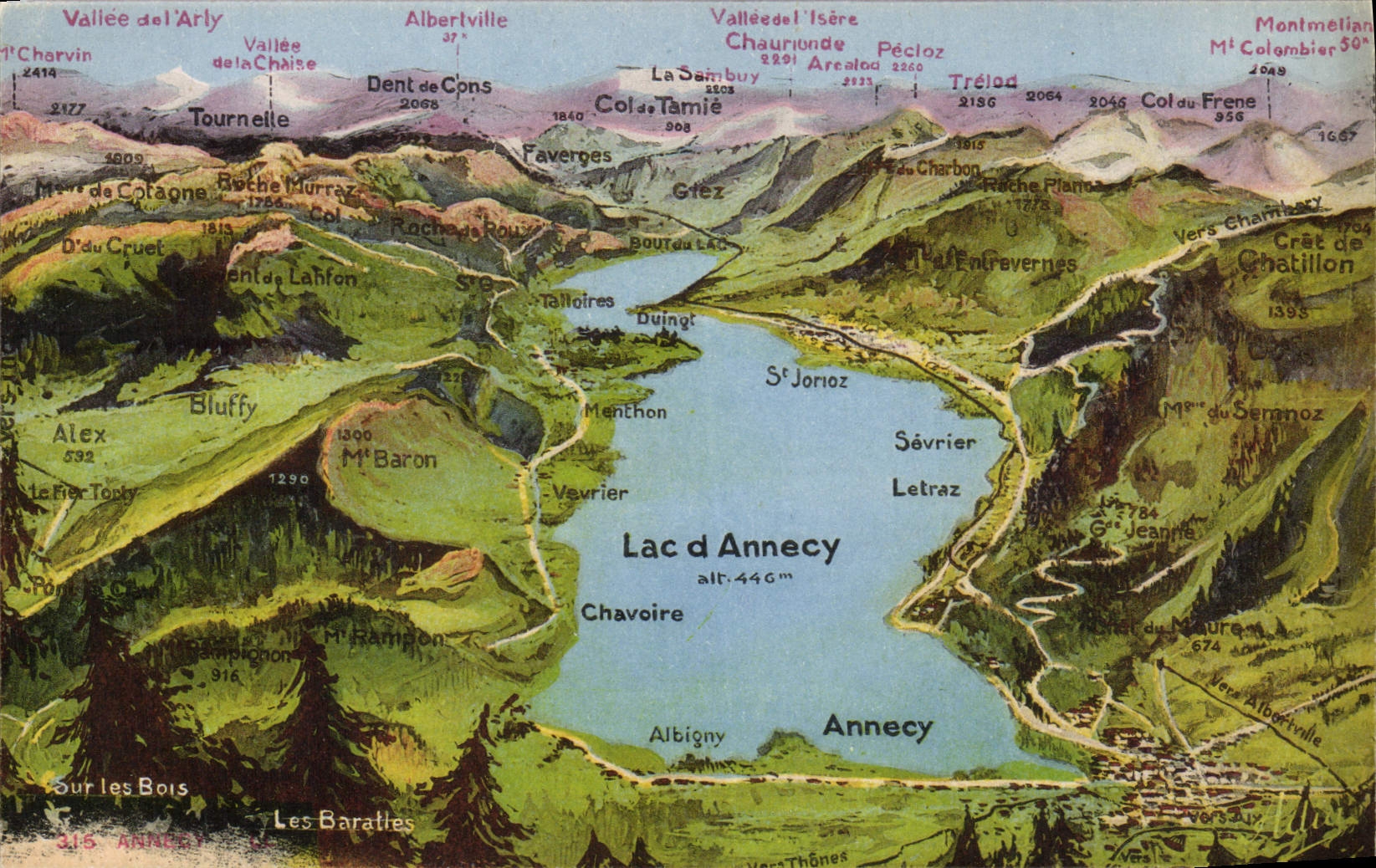 Lac d'Annecy — Carte postale illustrée avec relief et noms de lieux — Éditeur : Sur les Bois, n° 315