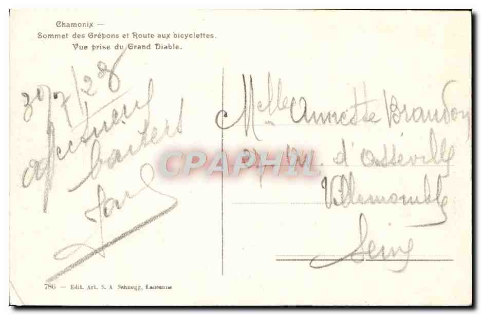 CPA Chamonix Sommet des Grepons et Route aux Bicyclettes — Verso