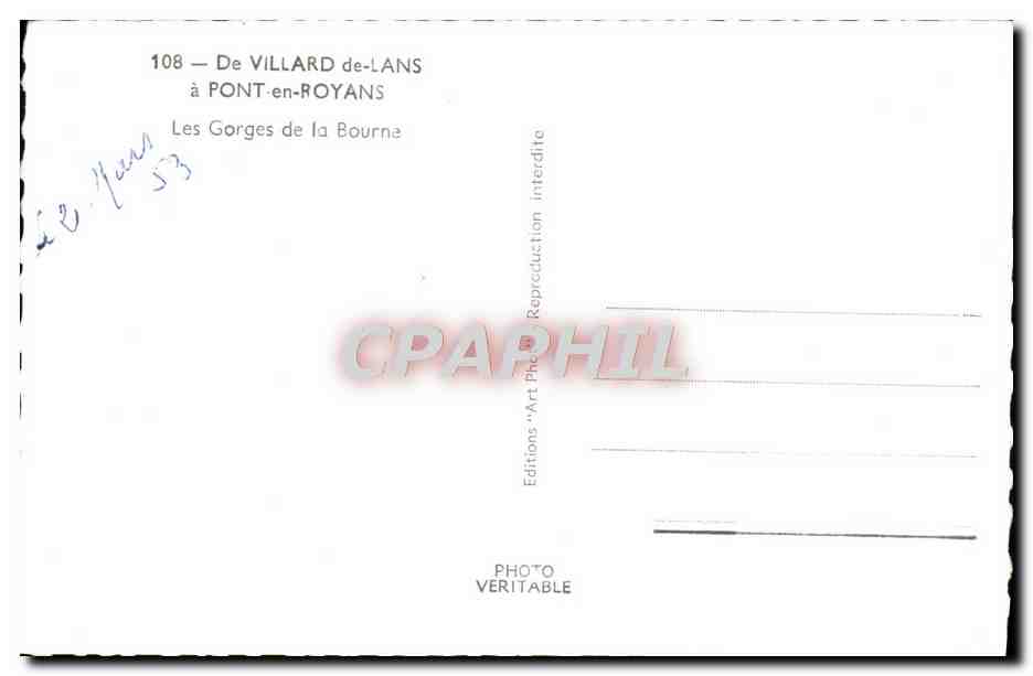 CPM De Villard de Lans a Pont en Royans Les gorges de la Bourne — Verso