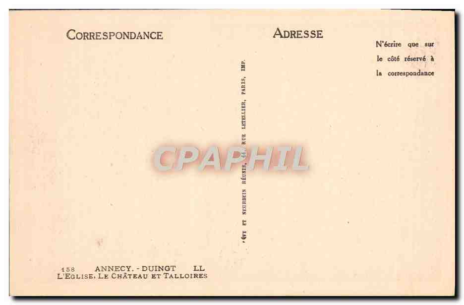 Annecy - Le Château et Talloires — Éditeur : Neudrins Décurés, Paris — Verso