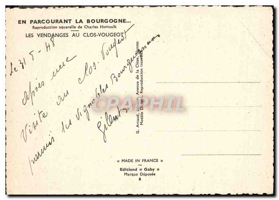 CPM Bourgogne Les vendanges au Clos Vougeot — Rückseite