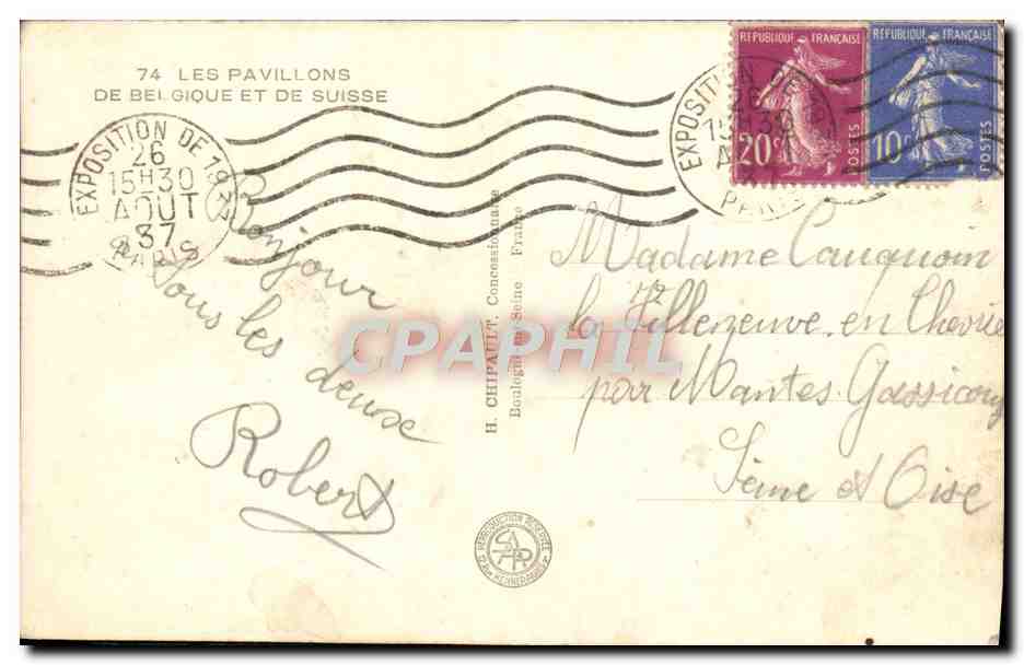 CPA Exposition Internationale Paris 1937 Pavillons de Belgique et de Suisse — Rückseite