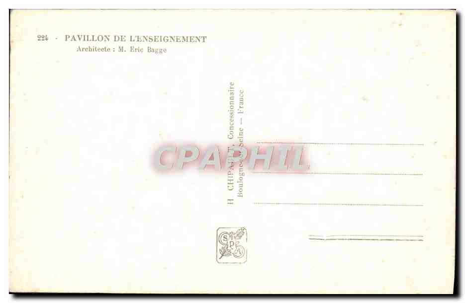 Pavillon de l'Enseignement — Exposition Internationale Paris 1937 — Éditeur H. Chipa — Verso