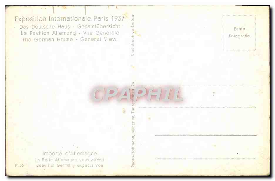 CPA Paris Exposition internationale 1937 Le pavillon allemand Vue generale — Verso