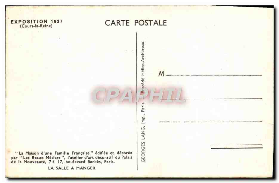 CPA Pairs Exposition internationale 1937 Cours la Reine La salle a manger Cheval — Rückseite