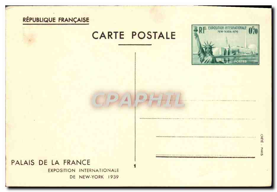 Palacio de Francia — Exposición Internacional de Nueva York 1939 — Editor Creté, París, n°1 — Reverso