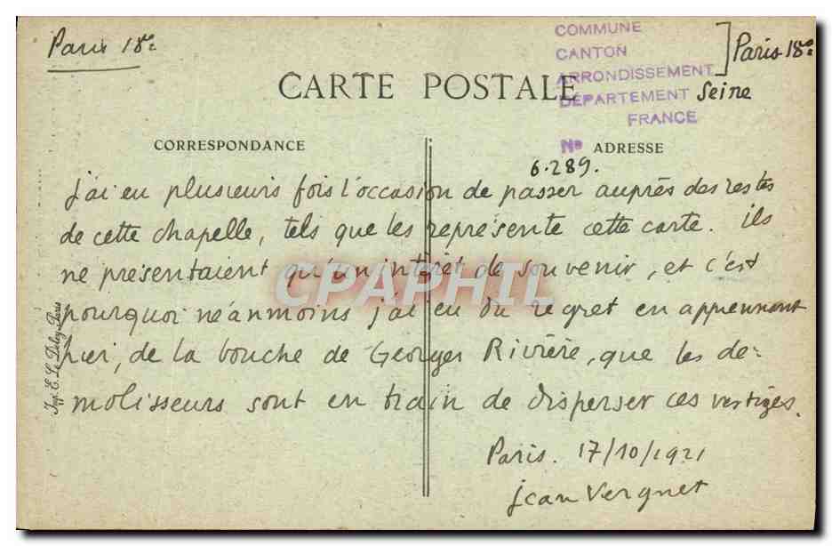 CPA Paris d'Autrefois Rue du Mont Cenis Chapelle de la Trinite  — Rückseite