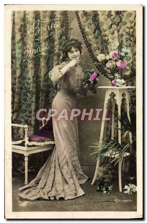 Mujer en vestido largo — saludo 'Buen Año' — editor Bellone, n° 4025