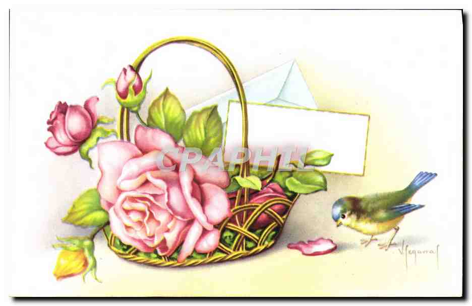 CPA Fantaisie Fleurs oiseau