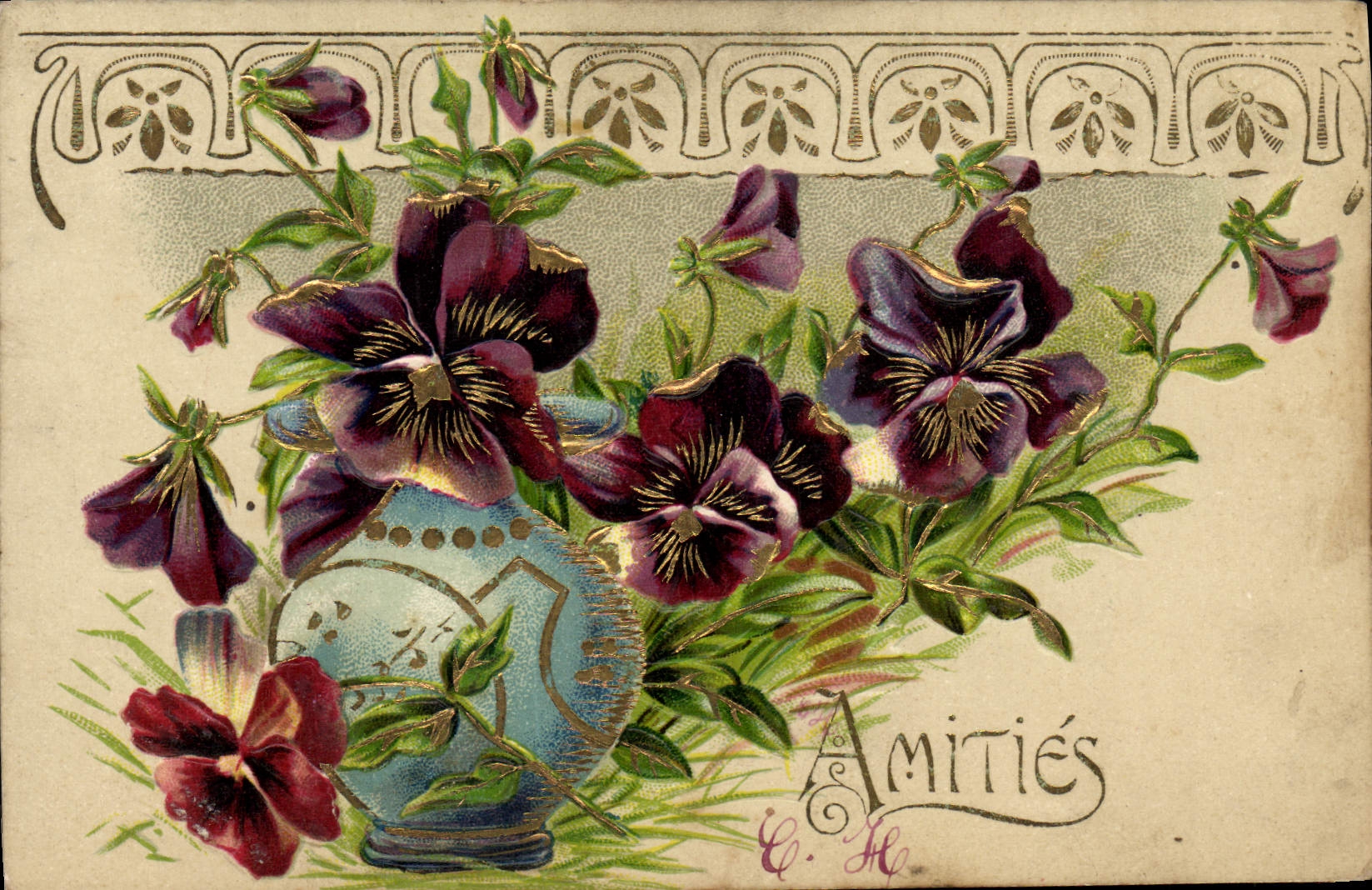 Violes dans un vase bleu — Amitiés — C. H.