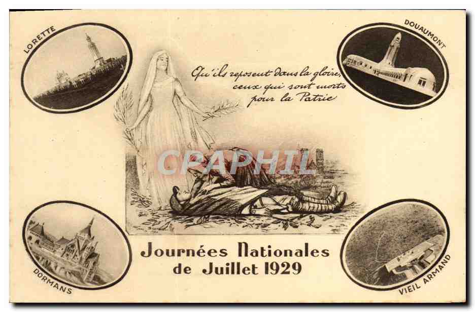 CPA Fantaisie Journees nationales Juillet 1929 Lorette Dormans Douaumont Vieil Armand Militaria
