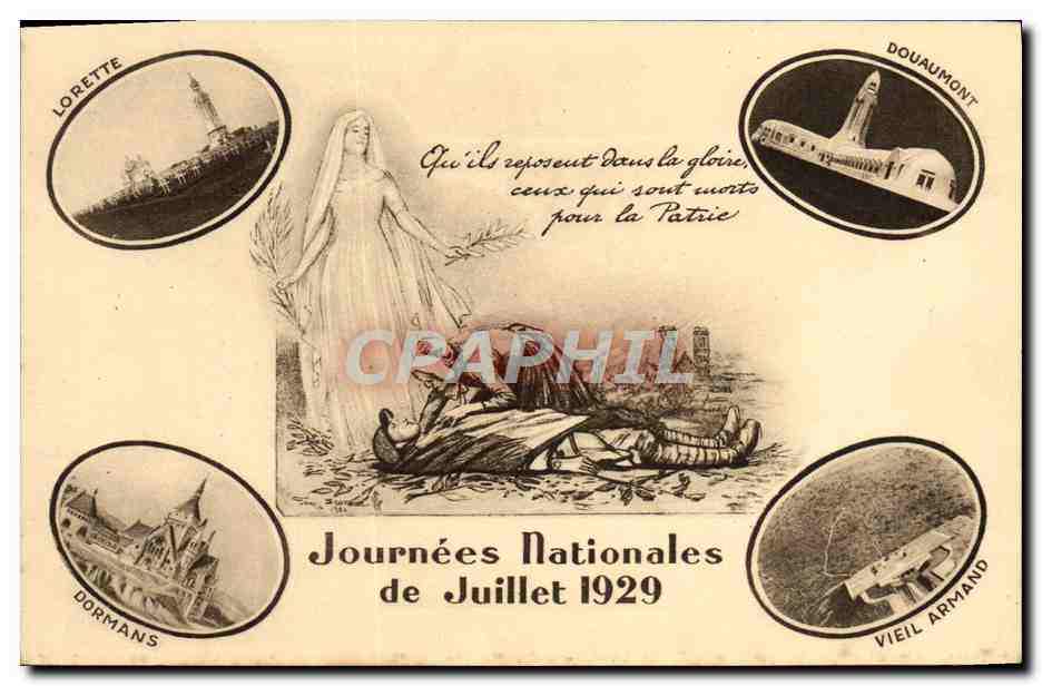CPA Fantaisie Journees nationales Juillet 1929 Lorette Dormans Douaumont Vieil Armand Militaria