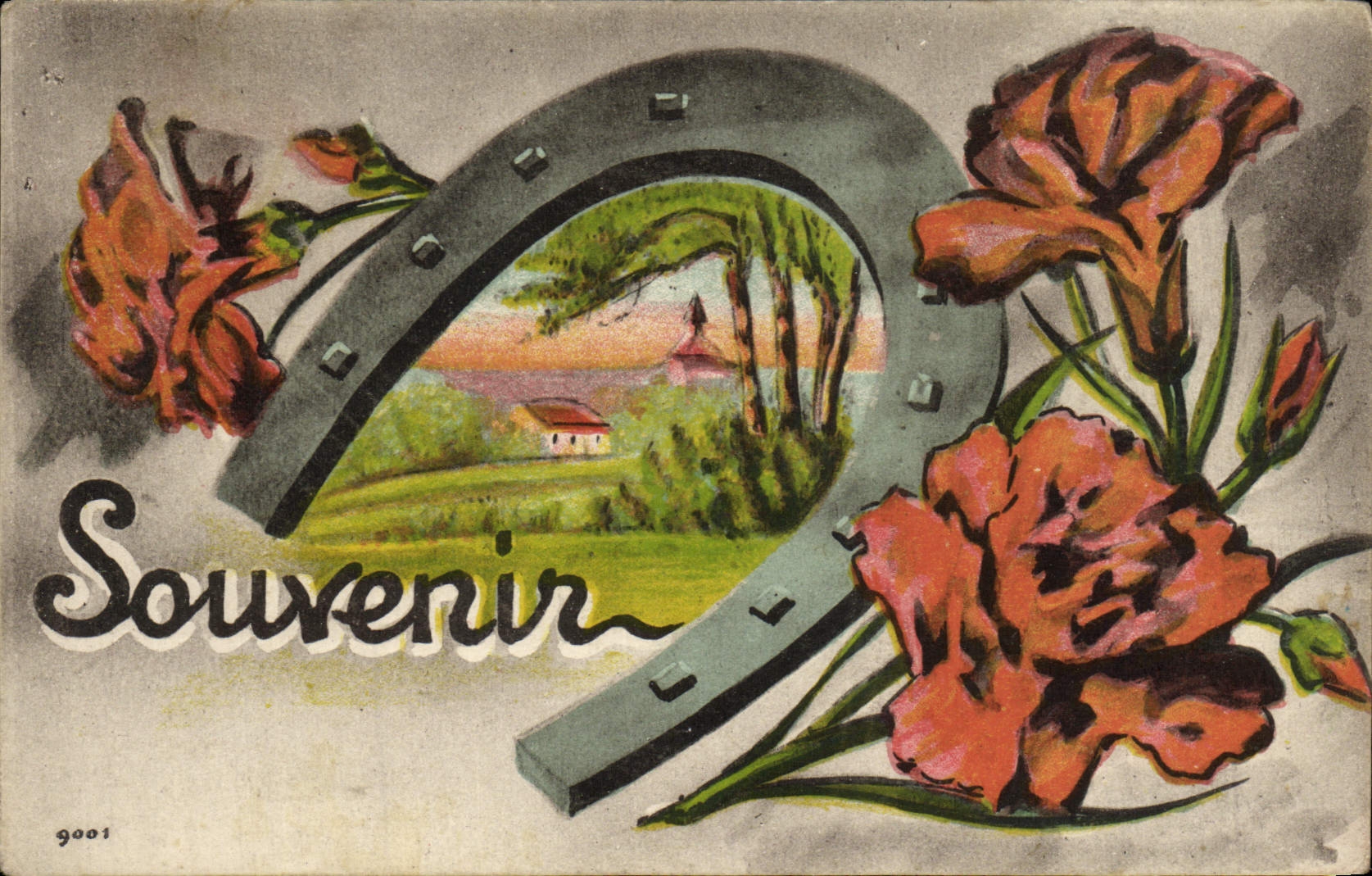 CPA Fantaisie Fleurs Fer a cheval