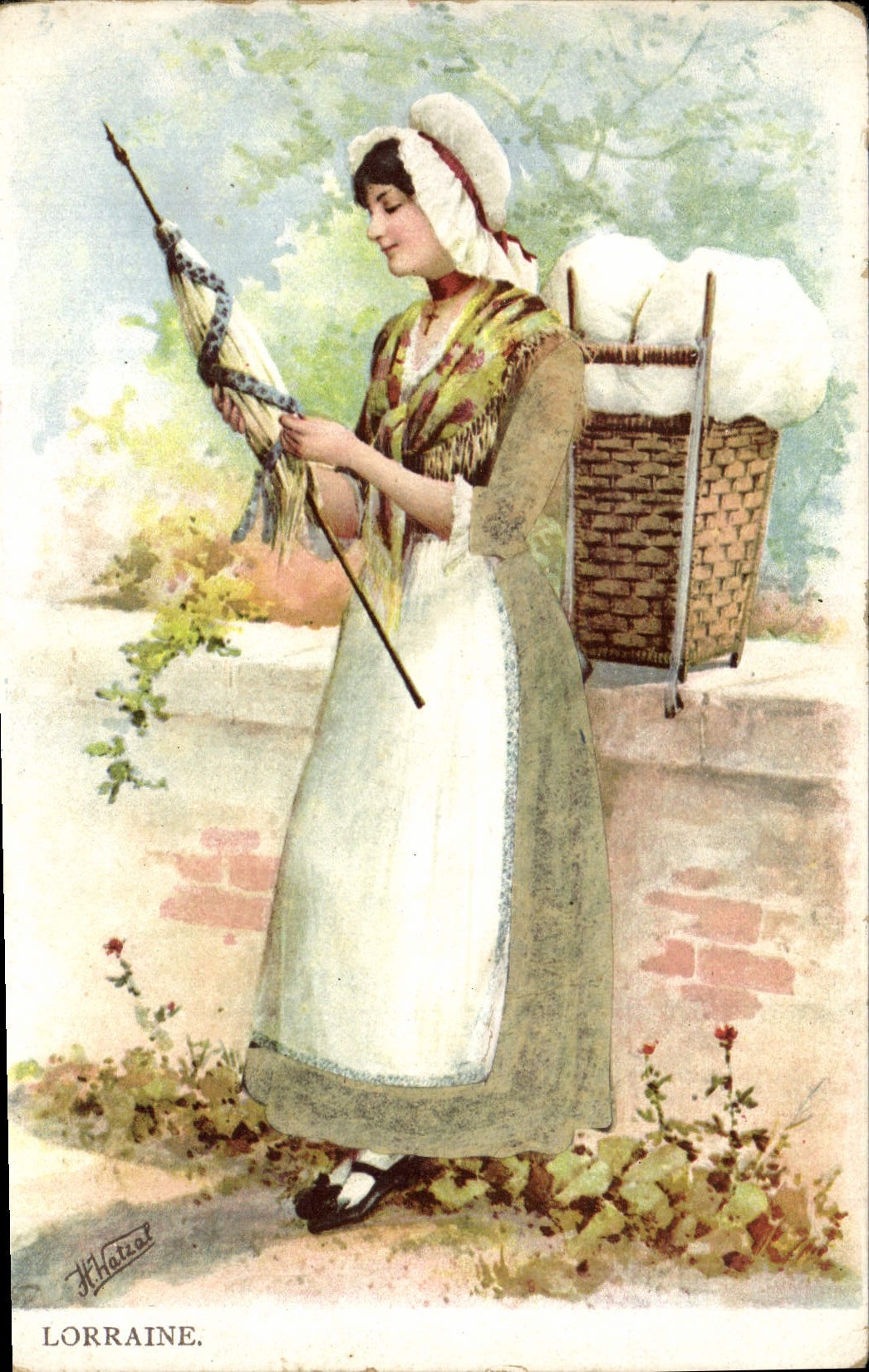 CPA Fantaisie Femme Lorraine Fileuse