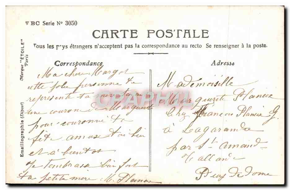 Jeune femme avec couronne de marguerites — Bonne Fête — Émaillographie 'Étoile' Paris, série 3050 — Back