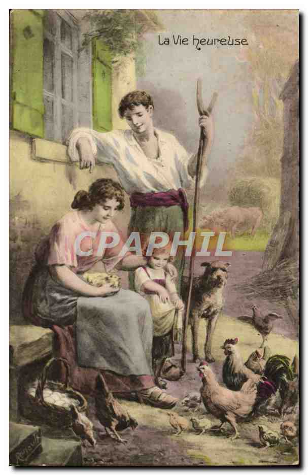 CPA Fantaisie Femme la vie heureuse Chien Poules 