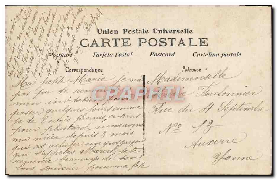 Femme à la table — texte imprimé et manuscrit — Union Postale Universelle — Verso