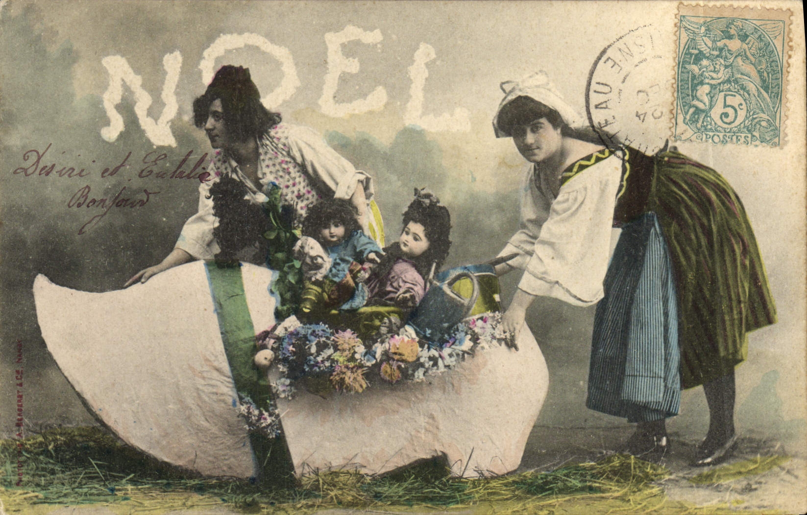 Zwei Frauen mit Puppen in einem großen Holzschuh — Weihnachten — Verlag Bonfard