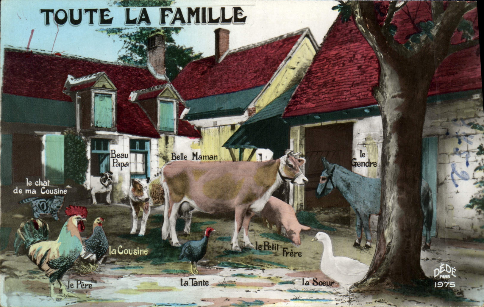 CPA Fantaisie Toute la famille Vache Coq Poules Chien Ane 