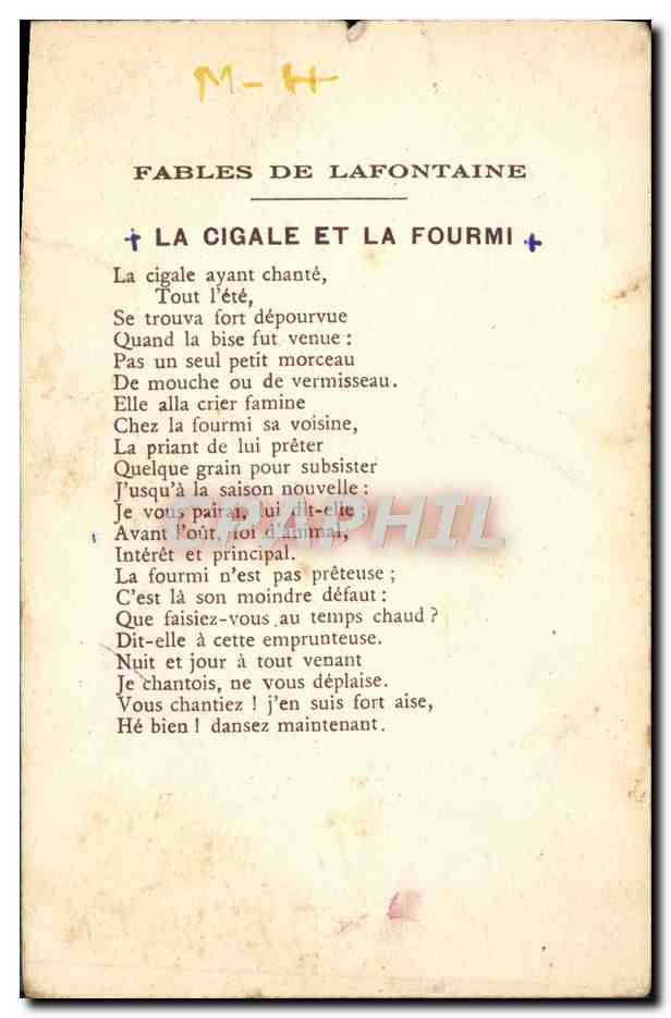 CPA Fantaisie Fables de Lafontaine La cigale et la fourmi  — Rückseite