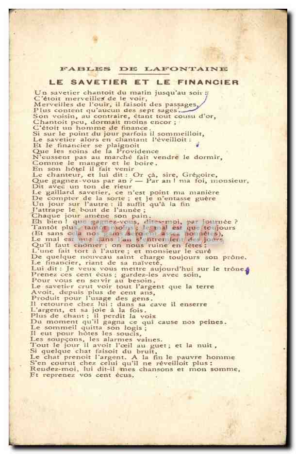 CPA Fantaisie Fables de Lafontaine Le savetier et le financier  — Rückseite