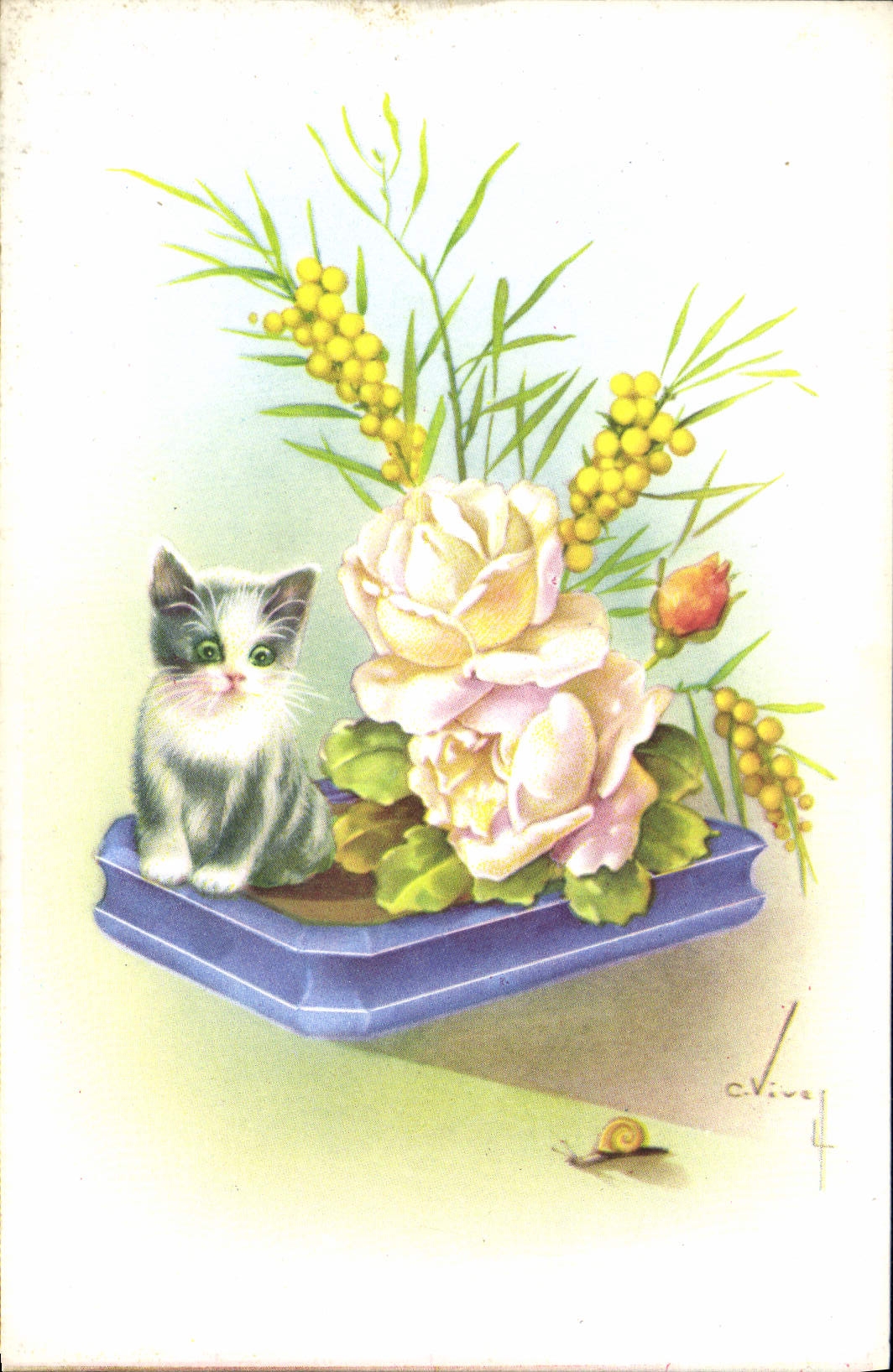 CPA Fantaisie Fleurs Chat Chaton Escargot